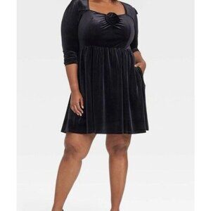 Ava & Viv Black Velvet Long Sleeve Dress With Rose Detail 1X